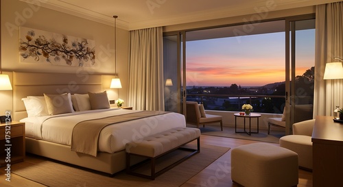 Luxurious Hotel Suite at Sunset - Panoramic City View, Elegant Interior Design, Warm Lighting.