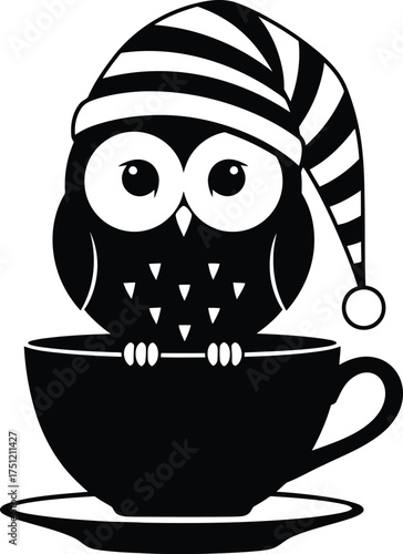 Cute black and white cartoon owl wearing a striped nightcap sitting in a coffee cup