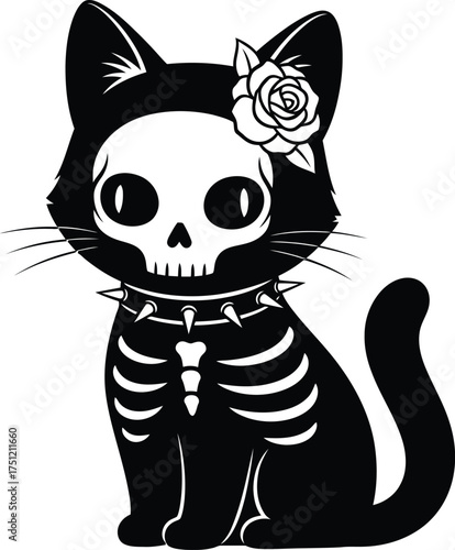 Cute black cat with skull face and skeleton body wearing a spiked collar and rose accessory