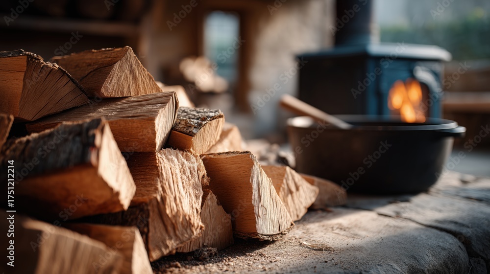 Fototapeta premium Cozy rustic setting with firewood stack and cooking pot