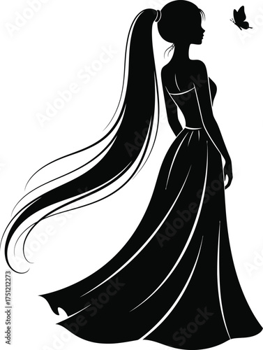 Elegant black silhouette of a woman in a flowing gown with a high ponytail and a butterfly