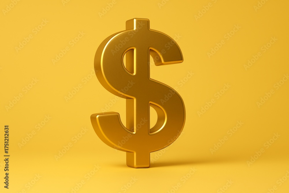 Fototapeta premium Gold dollar sign is on a yellow background. The dollar sign is large and bold, and it stands out against the bright yellow background. Concept of wealth and prosperity