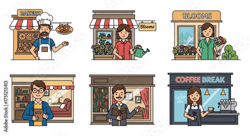 Illustration of a variety of small business owners in front of their stores, showcasing diversity and entrepreneurship
