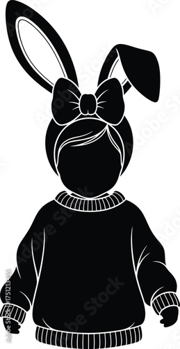 Silhouette of a child wearing a sweater and bunny ears with a bow isolated on white background