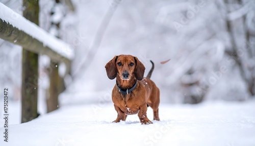 A curious dachshund stands in the snow, framed by a wooden fence and blurred winter trees. The dog stares forward, its coat a rich brown hue