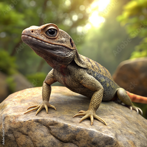 A green iguana lizard reptile with detailed scales resting close−up on a rock, showcasing the wildlife animal in nature