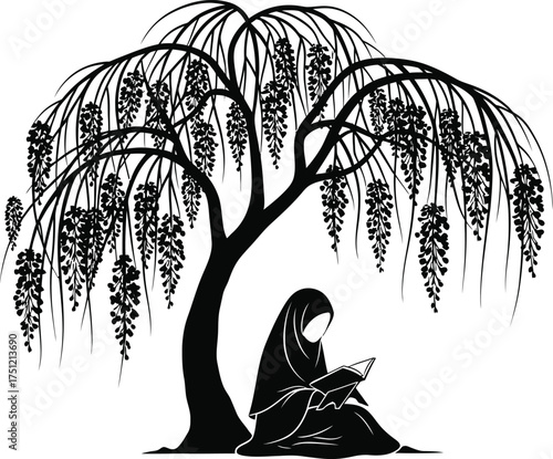 Silhouette of a muslim woman wearing a hijab reading a book under a blooming wisteria tree