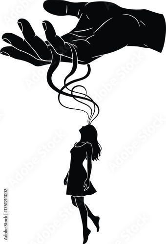 Silhouette of a person being controlled by a giant hand with flowing strings emanating from their head