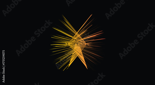 Abstract burst of golden and yellow light particles exploding outwards on a black background