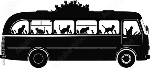 Silhouette of a vintage bus filled with cats and many more cats riding on the roof