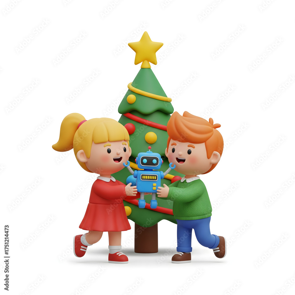 Naklejka premium Joyful Christmas Celebration with Kids and Robot Toy – A Cute Holiday Scene Featuring a Smiling Boy and Girl Exchanging Gifts Beside a Decorated Christmas Tree with a Bright Star Topper