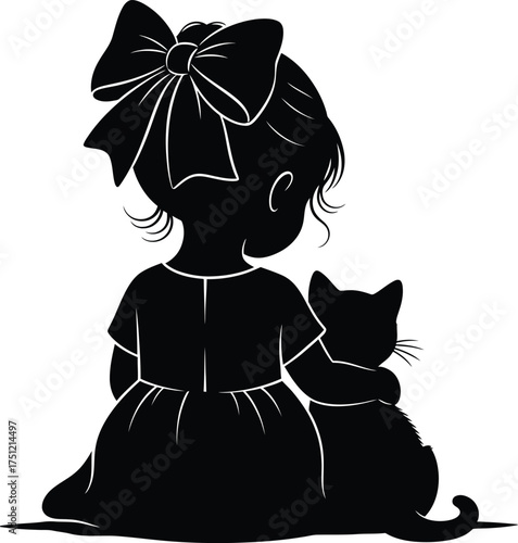 Silhouette of a young girl with a large bow in her hair hugging a cat