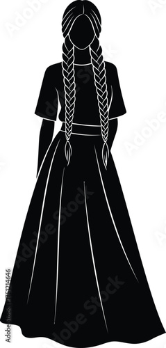 Silhouette of a young woman with braided hair standing next to a black cat on a white background