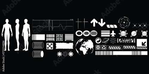 Collection of futuristic and sci-fi graphic elements for digital design projects isolated on white background