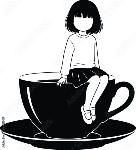 Stylized minimalist illustration of a young girl sitting on the rim of a large coffee cup