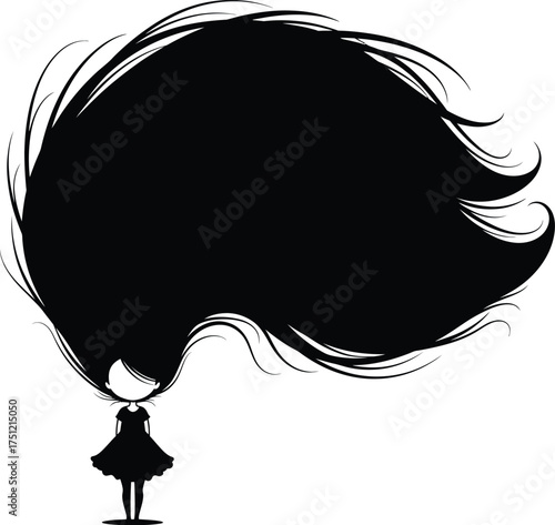 Stylized silhouette of a girl with enormous flowing black hair creating a large empty space