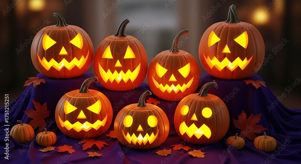 Fototapeta premium Illuminated Jack-o-Lanterns Display - A Spooky Halloween Night.