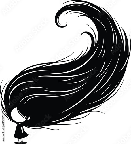 Stylized silhouette of a small figure with long flowing black hair blowing dramatically in the wind