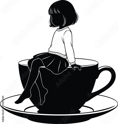 Stylized silhouette of a young girl wearing a sweater and skirt sitting in a large coffee cup on a saucer