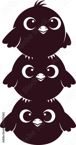 Three cute cartoon black chicks stacked on top of each other with large eyes and wings