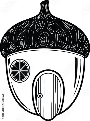 Whimsical black and white illustration of a charming acorn house with a round window and wooden door