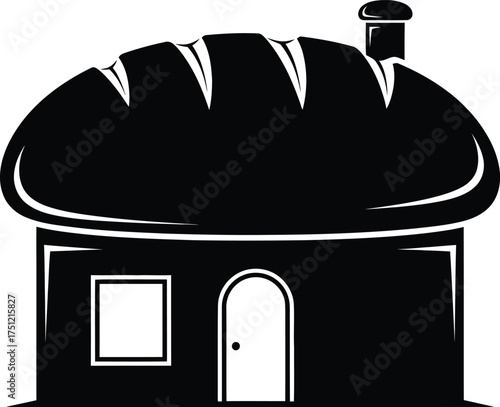 Whimsical black and white illustration of a house with a loaf of bread for a roof and a chimney
