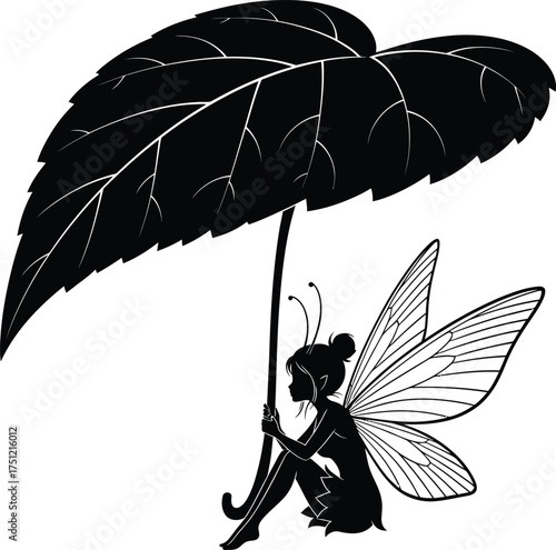 Whimsical silhouette of a butterfly fairy holding a large leaf as an umbrella for shelter