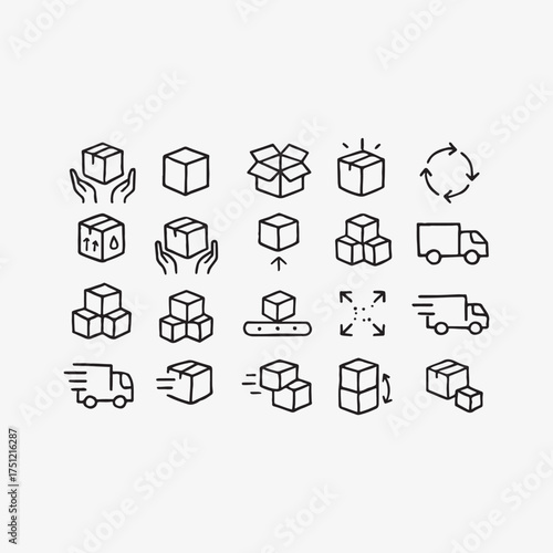 Collection of hand drawn outline icons representing shipping logistics delivery and package handling services