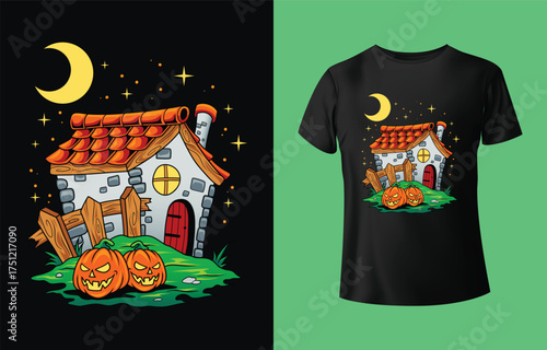 Whimsical halloween illustration of a spooky haunted house with pumpkins and a crescent moon presented on a black t shirt mockup