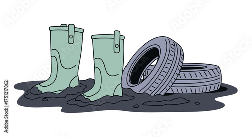 Wading boots sinking into dark mud next to discarded tires concept of ecology  