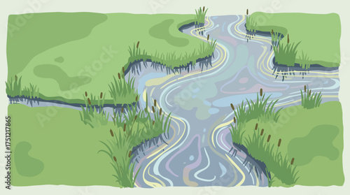 Aerial view of winding river through green reeds and grasses  