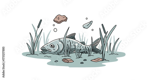 Dead fish trapped in pond weeds with floating debris and algae concept of ecology  