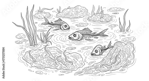 Dead fish trapped in pond weeds with floating debris in water  