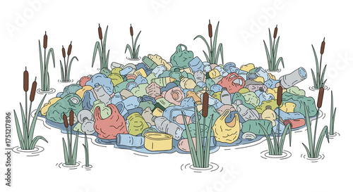 Pile of colorful plastic waste surrounded by cattails in water, concept of ecology  