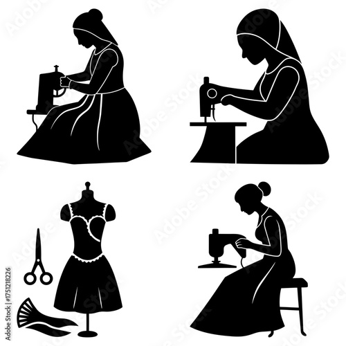 Silhouette of women sewing with sewing machines and a dress on a mannequin in black and white design
