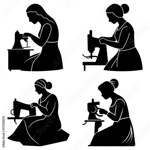 Four silhouettes of women operating sewing machines in a vintage style black and white illustration