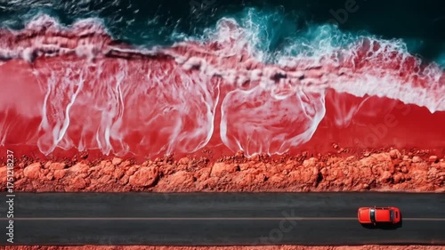Red beach aerial roadside view