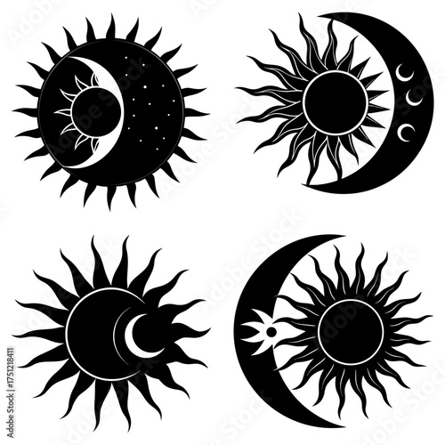 Four celestial designs featuring sun and moon combinations in black and white artistic representations