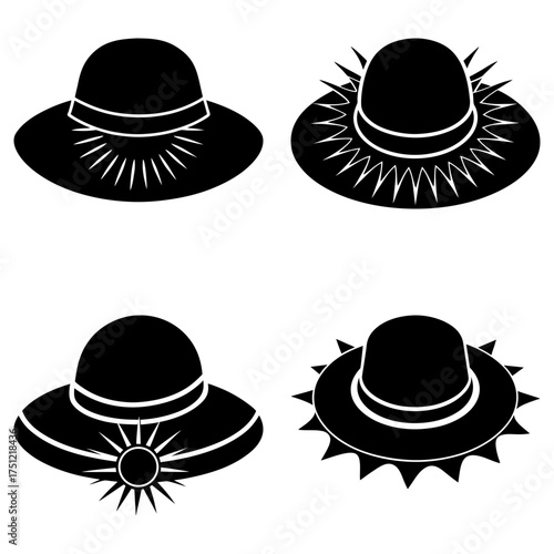 Illustration of four black sun hats with different brim designs and band styles on a white background