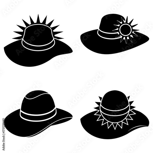 Four black and white silhouette images of sun hats with decorative sun designs and simple band details