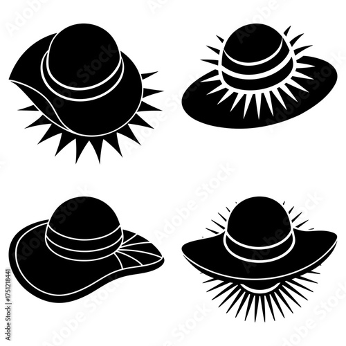 Collection of four black and white silhouette images of sun hats with decorative sun ray elements