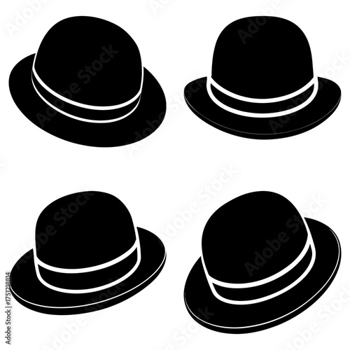 Illustration of four black bowler hats with white bands arranged in a square pattern on white background