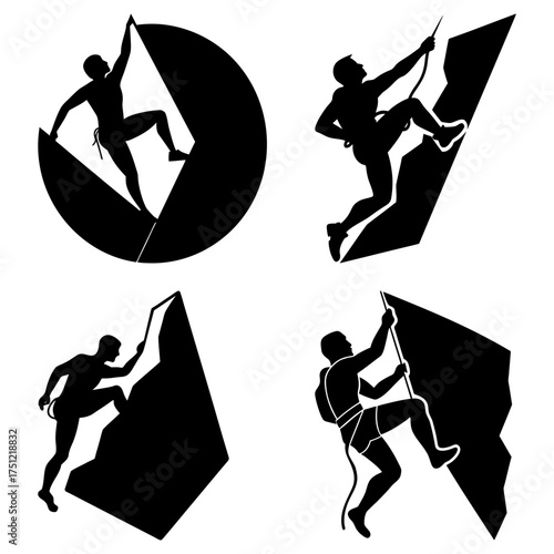 Four black silhouette illustrations of rock climbers ascending different rock formations and using ropes for safety