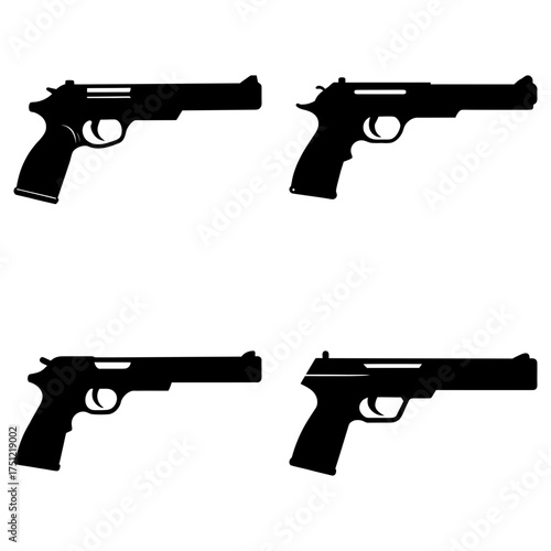Four black pistol silhouettes arranged in a square format on a white background in a simple graphic style