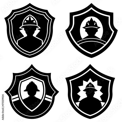 Collection of firefighter emblems in black and white featuring shields and firefighter silhouettes in various designs