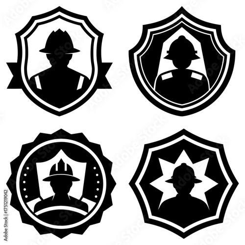 Silhouette firefighter emblems in various shield shapes and badge designs in black and white color scheme