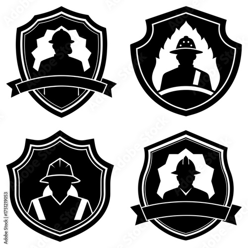 Four firefighter emblem designs with shields and banner elements in black and white vector format