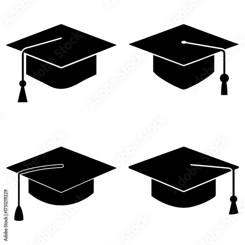 Four black graduation caps with tassels in a square arrangement against a white background design element