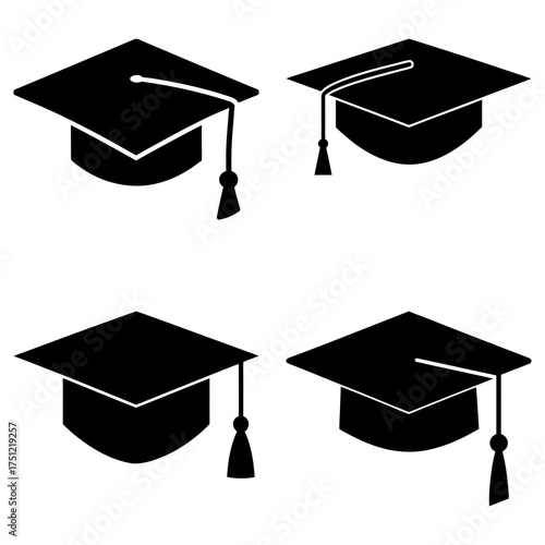 Four graduation caps in black silhouette showing academic achievement and educational attainment symbols on white