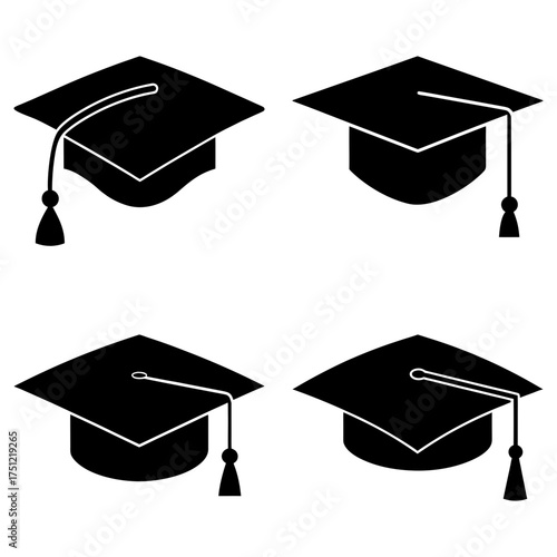 Four graduation caps in black silhouette arranged in a square pattern on a white background design element